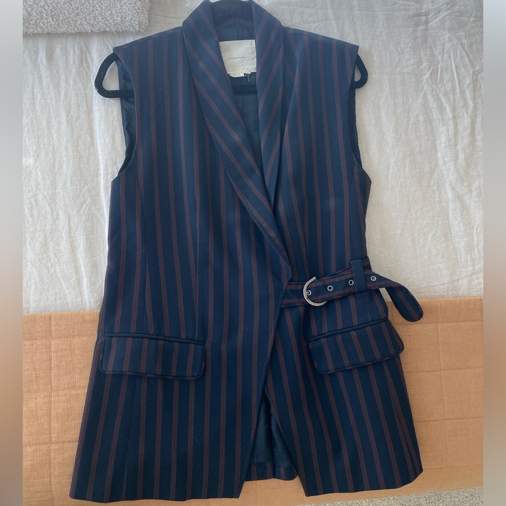 By Anthropologie Navy and Red Striped Sleeveless Belted Blazer